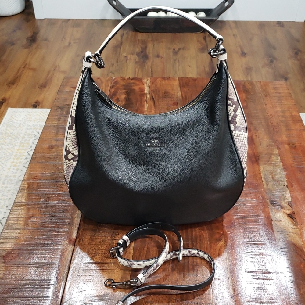 Coach Black Leather Hobo with Snake-Print Trim and Strap